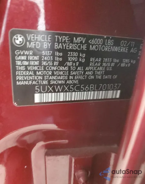 2011 BMW X3 xDrive28I z USA, uszkodzony, nr VIN 5UXWX5C56BL701037